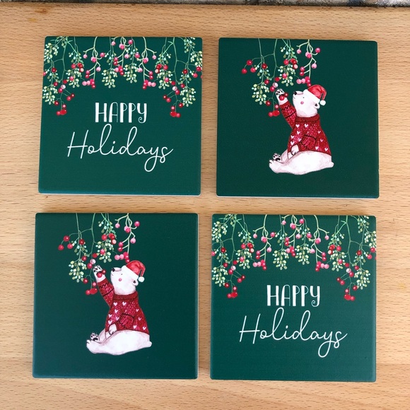 Christmas Happy Holidays Box of 4 Pc. Green Red Holidays Ceramic Coasters - Picture 6 of 15
